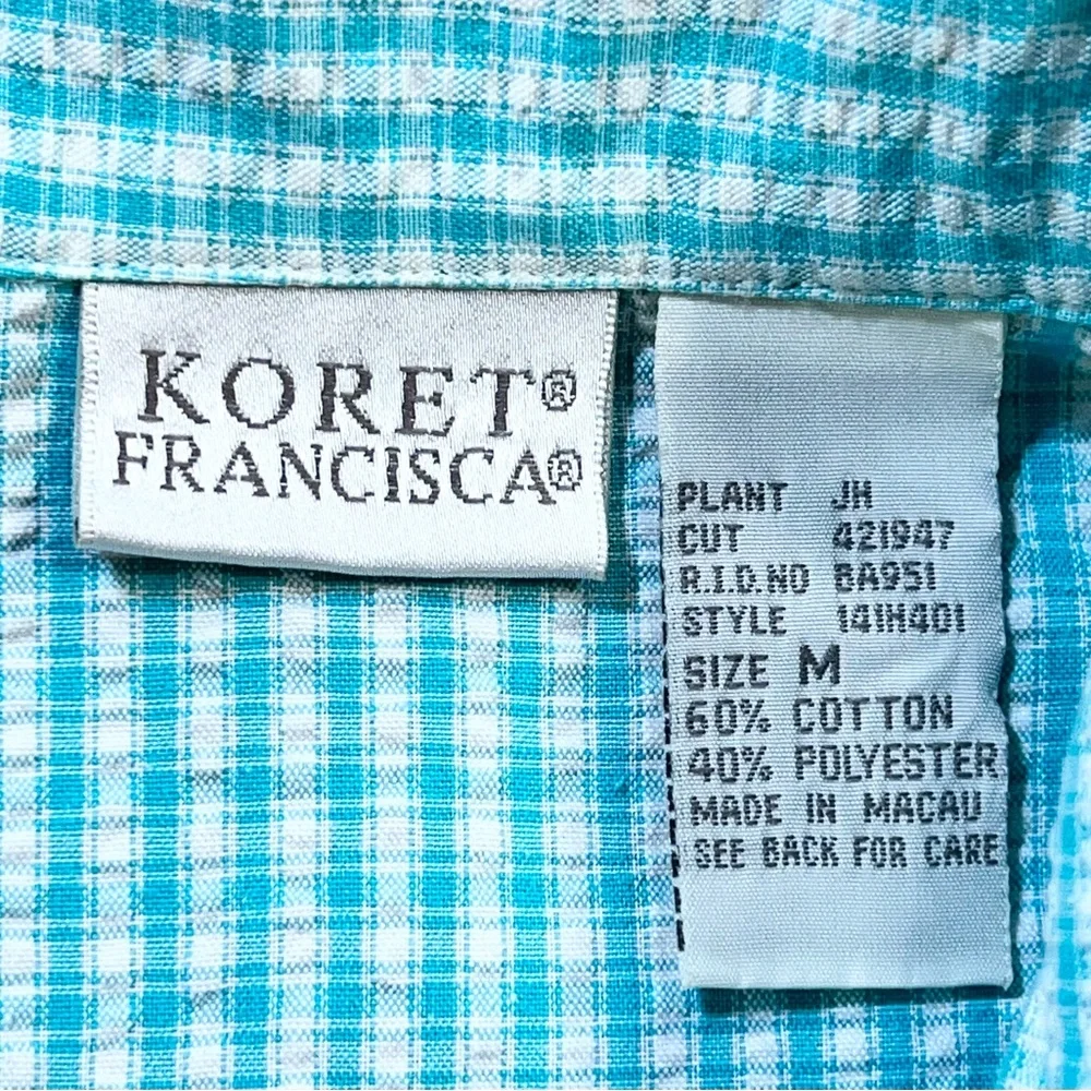 VINTAGE picnic gingham check seersucker plaid button down shirt aqua‎ floral 90s